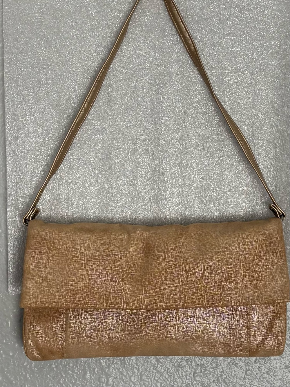 Shimmery Tan Fold-Over Shoulder Bag